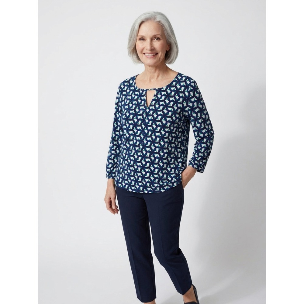 Liz Claiborne XL Blue Geometric Print Keyhole Blouse 3/4 Sleeve Women's Plus
